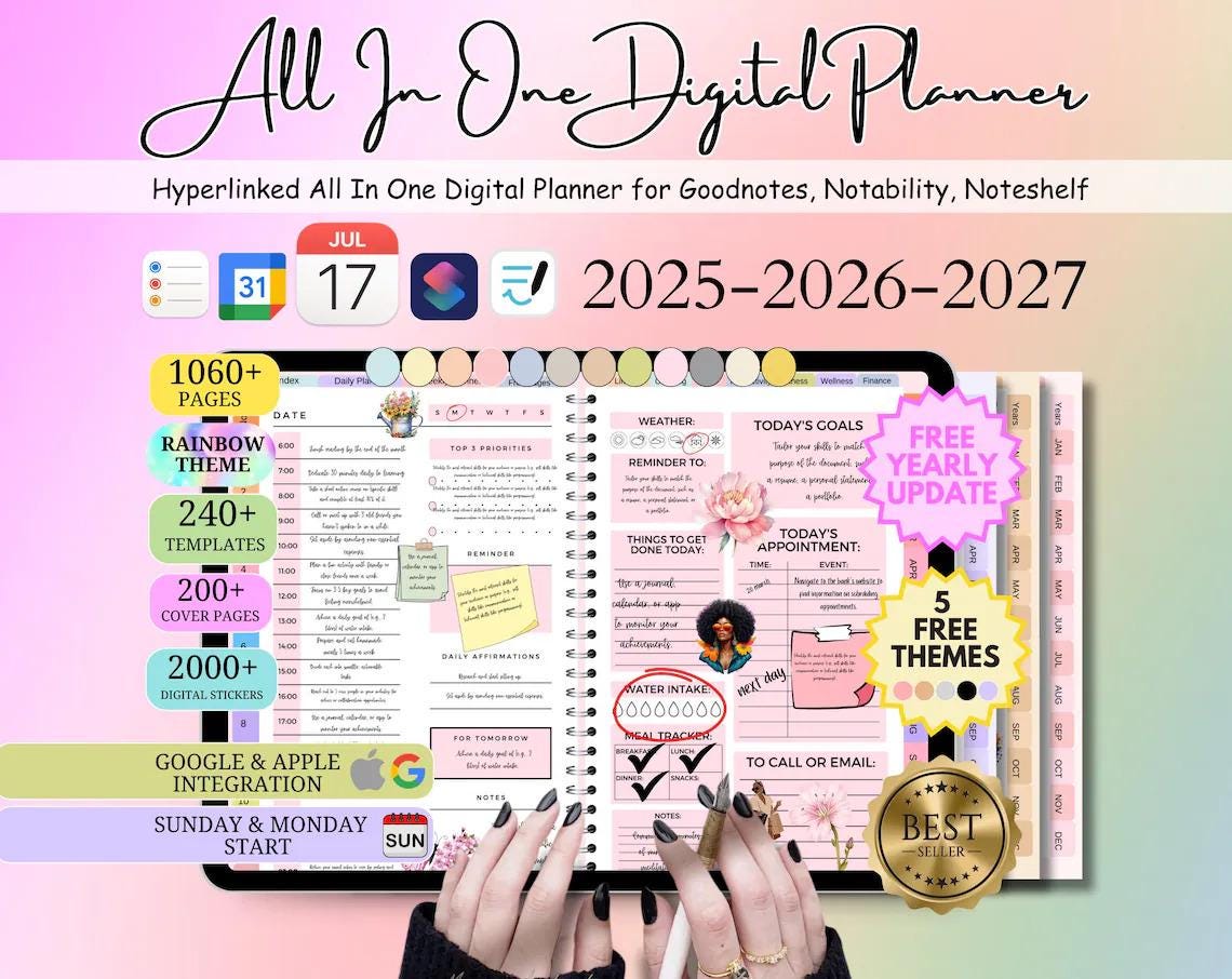 2025-2027 All-in-One Digital Planner - Hyperlinked Daily, Weekly, Monthly Journal for Goodnotes & Apple/Google Calendar