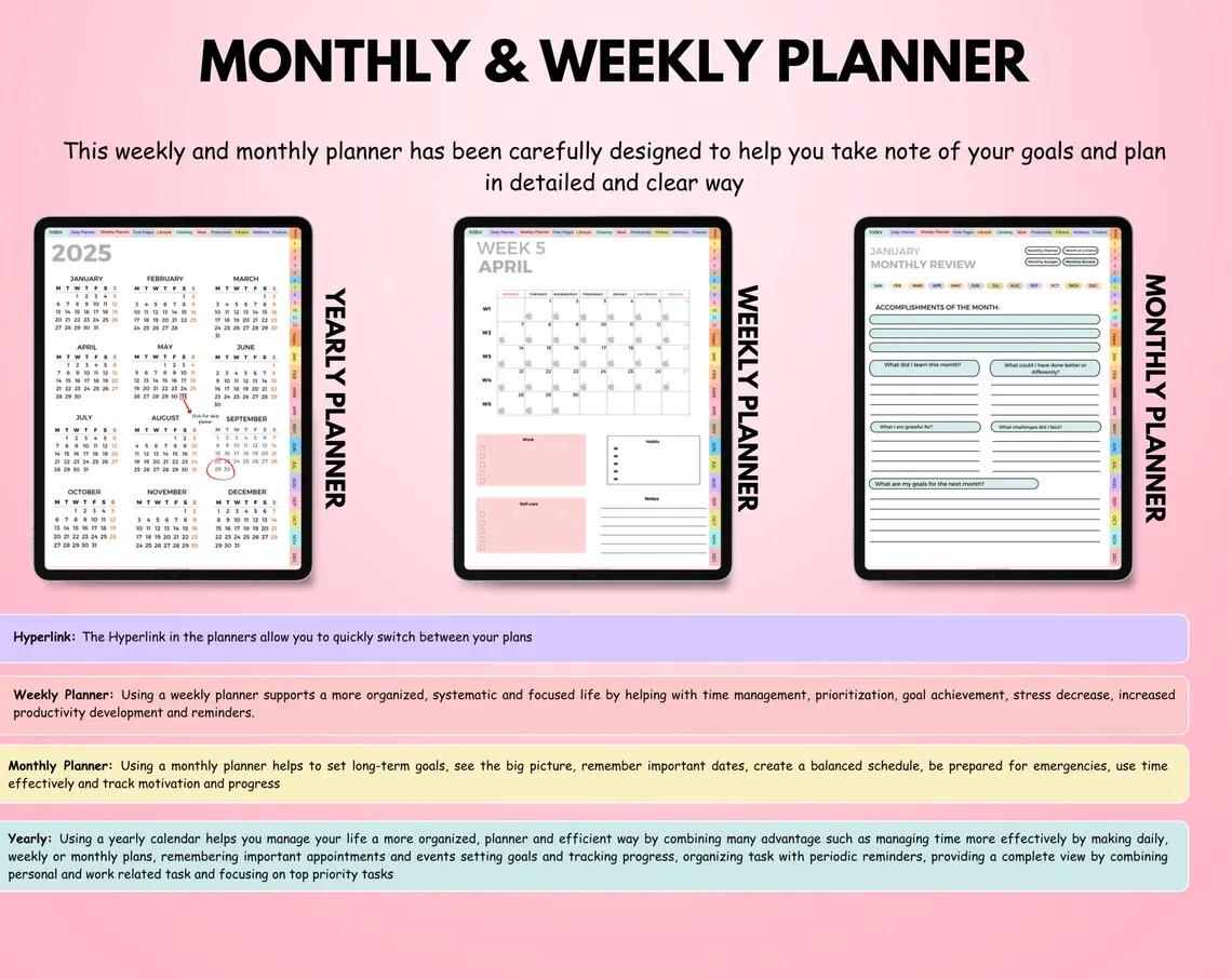 2025-2027 All-in-One Digital Planner - Hyperlinked Daily, Weekly, Monthly Journal for Goodnotes & Apple/Google Calendar