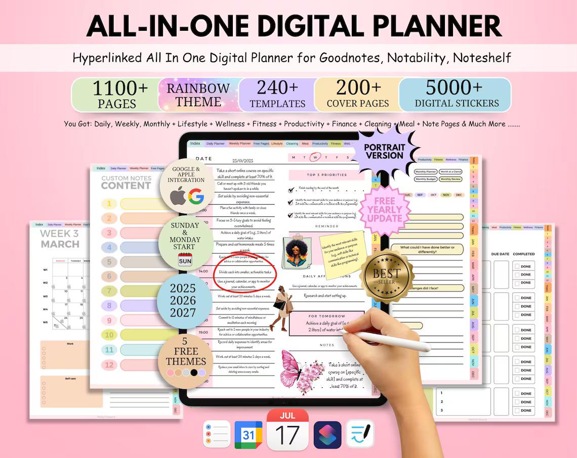 2025-2027 All-in-One Digital Planner - Hyperlinked Daily, Weekly, Monthly Journal for Goodnotes & Apple/Google Calendar