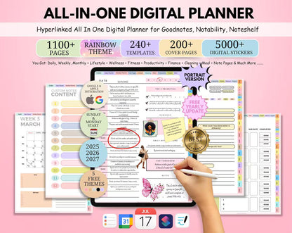 2025-2027 All-in-One Digital Planner - Hyperlinked Daily, Weekly, Monthly Journal for Goodnotes & Apple/Google Calendar