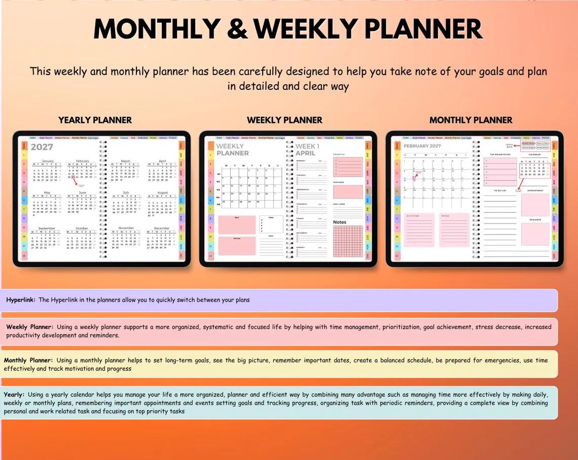2026-2027 Digital Planner Bundle, Interactive Daily, Weekly, Monthly, Sync with Goodnotes & Google Calendar